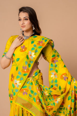 Yellow Soft Cotton Jamdani Saree_Kumari Sarees