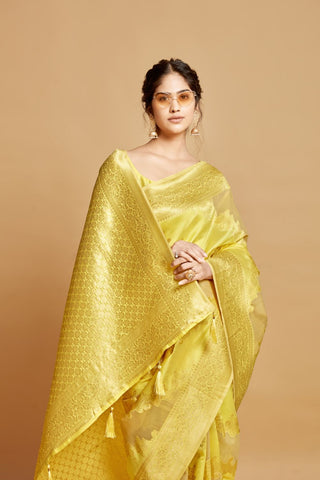 Yellow Linen Jamdani Banarasi Saree_Kumari Sarees
