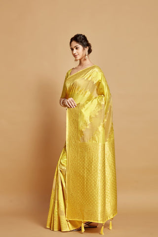 Yellow Linen Jamdani Banarasi Saree_Kumari Sarees
