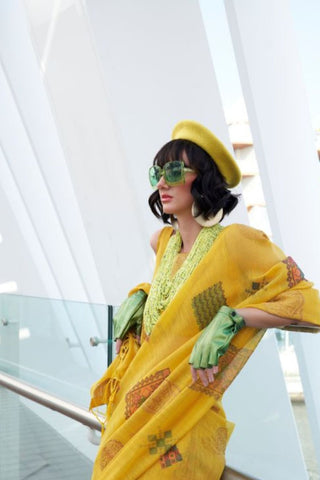 Yellow Printed Zari Tissue Saree_Kumari Sarees