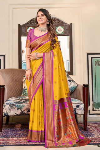 Yellow Soft Peshwai Paithani Silk Saree_Kumari Sarees