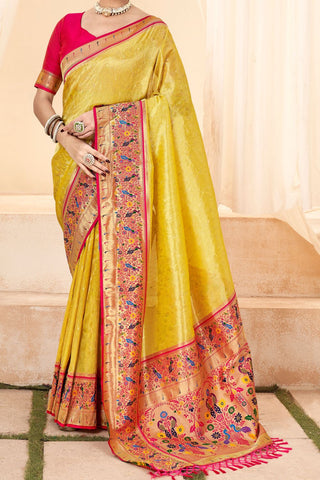 Yellow Pure Paithani Tissue Silk With Zari Border Saree_Kumari Sarees