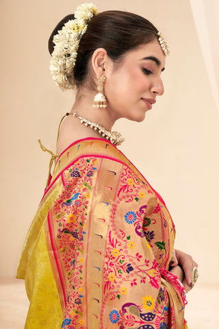 Yellow Pure Paithani Tissue Silk With Zari Border Saree_Kumari Sarees