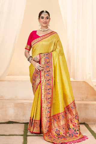 Yellow Pure Paithani Tissue Silk With Zari Border Saree_Kumari Sarees