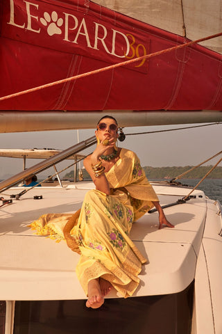 Yellow Chinon Nylon Handloom Weaving Saree_Kumari Sarees
