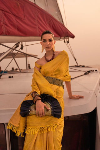 Yellow Satin Pastel Two Tone Handloom Weaving Saree_Kumari Sarees