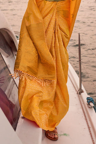 Yellow Satin Pastel Two Tone Handloom Weaving Saree_Kumari Sarees