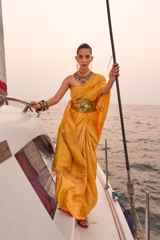 Yellow Satin Pastel Two Tone Handloom Weaving Saree_Kumari Sarees