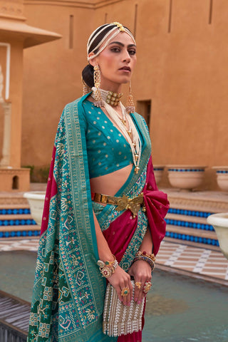 Pink & Blue Banarasi Patola Silk Saree_Kumari Sarees