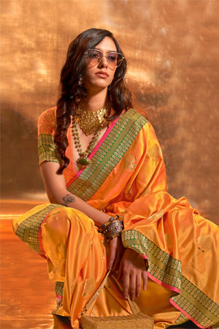 Yellow Banarasi Pure Satin Handloom Weaving Saree_Kumari   Sarees
