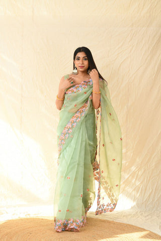 GREEN ORGANZA EMBROIDERED SAREE