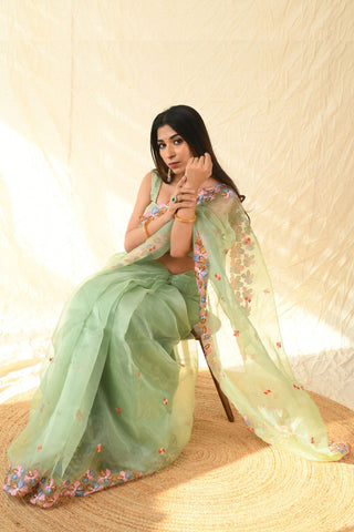 GREEN ORGANZA EMBROIDERED SAREE