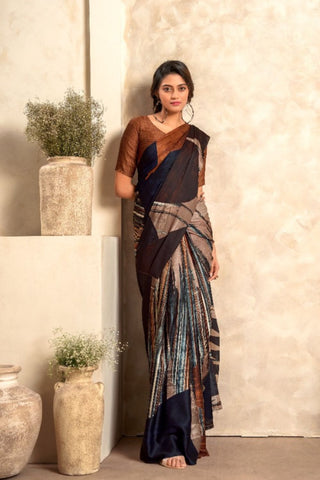 Black & Brown Soft Satin Silk Saree