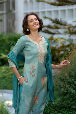 Sea Green Tissue With Floral Print and Embroidery Kurta Set