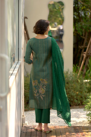 Green Tissue With Floral Print and Embroidery Kurta Set