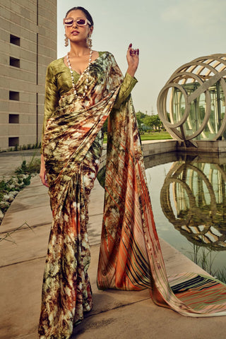 Green Printed Satin Crepe Saree