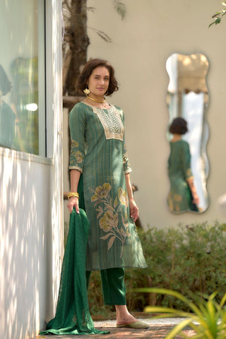 Green Tissue With Floral Print and Embroidery Kurta Set