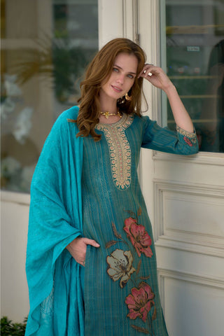 Blue Tissue With Floral Print and Embroidery Kurta Set