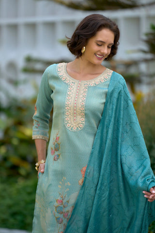 Sea Green Tissue With Floral Print and Embroidery Kurta Set
