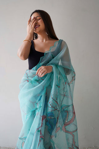 Blue Organza Silk Saree