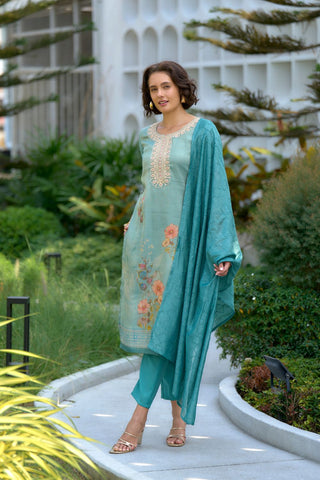 Sea Green Tissue With Floral Print and Embroidery Kurta Set