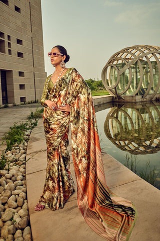 Green Printed Satin Crepe Saree