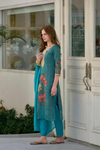 Blue Tissue With Floral Print and Embroidery Kurta Set