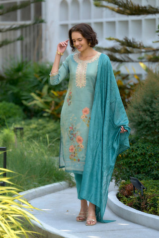 Sea Green Tissue With Floral Print and Embroidery Kurta Set