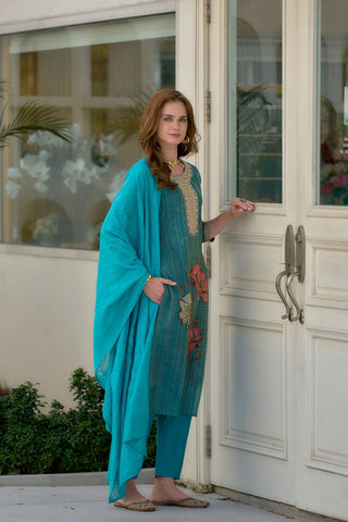 Blue Tissue With Floral Print and Embroidery Kurta Set