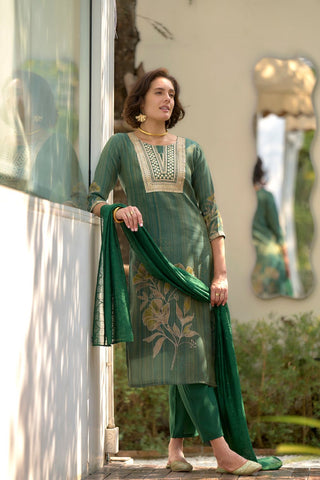 Green Tissue With Floral Print and Embroidery Kurta Set