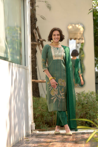 Green Tissue With Floral Print and Embroidery Kurta Set