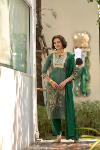 Green Tissue With Floral Print and Embroidery Kurta Set