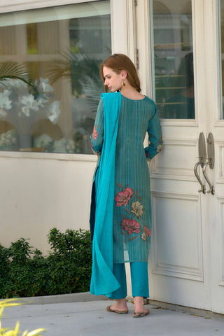 Blue Tissue With Floral Print and Embroidery Kurta Set