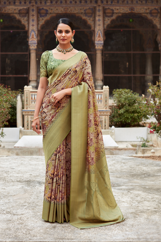 Light Green Soft Tissue With Zari Digital Print Saree