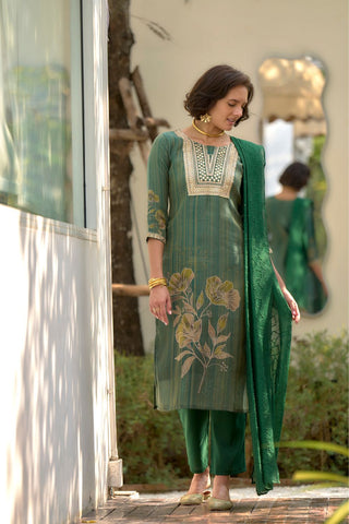 Green Tissue With Floral Print and Embroidery Kurta Set