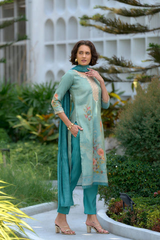 Sea Green Tissue With Floral Print and Embroidery Kurta Set