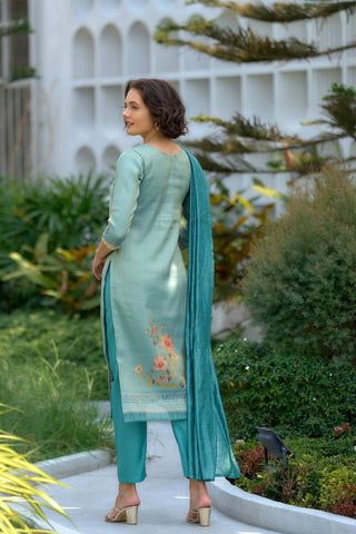 Sea Green Tissue With Floral Print and Embroidery Kurta Set