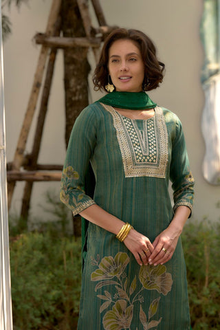 Green Tissue With Floral Print and Embroidery Kurta Set