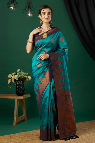 Aqua Blue Banarasi Silk Saree_Kumari Sarees