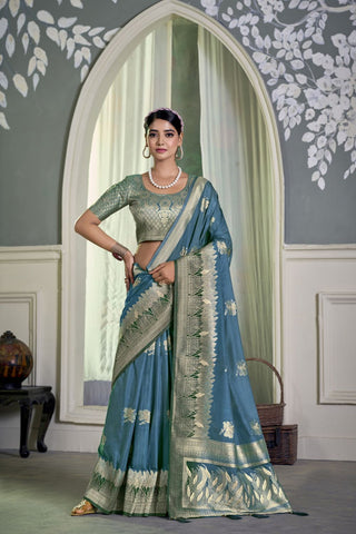 Aqua Blue Pure Silk Creep Saree_Kumari Sarees