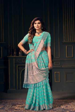 Aqua Blue Handloom Weaving Silk With Zari Saree_Kumari Sarees