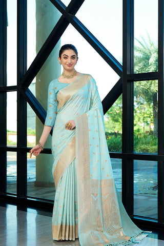 Aqua Blue Nylon Satin Weaving Jacquard Saree