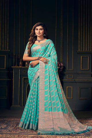 Aqua Blue Handloom Weaving Silk With Zari Saree_Kumari Sarees