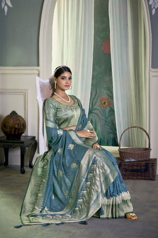 Aqua Blue Pure Silk Creep Saree_Kumari Sarees