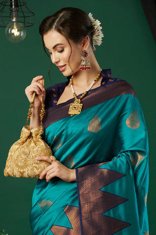 Aqua Blue Banarasi Silk Saree_Kumari Sarees