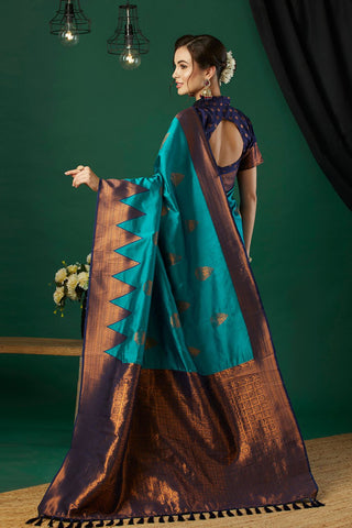 Aqua Blue Banarasi Silk Saree_Kumari Sarees