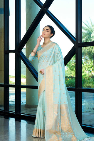 Aqua Blue Nylon Satin Weaving Jacquard Saree