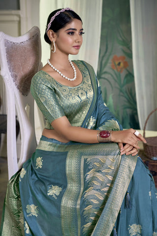 Aqua Blue Pure Silk Creep Saree_Kumari Sarees
