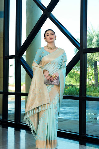 Aqua Blue Nylon Satin Weaving Jacquard Saree