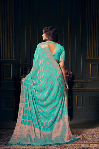 Aqua Blue Handloom Weaving Silk With Zari Saree_Kumari Sarees